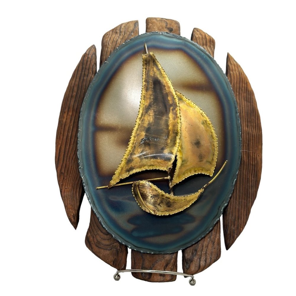 Handmade Metal Sailboat on Wood Vintage Wall Art Sculpture 15"